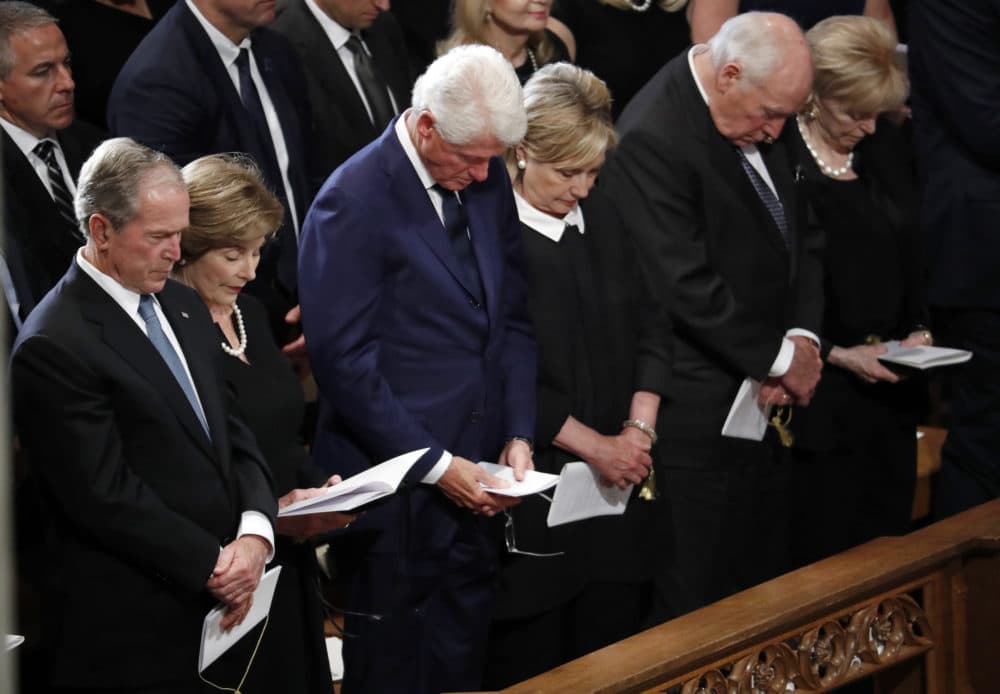 From left, former President George W. Bush, former first lady Laura Bush, former President Bill Clinton, former Secretary of State Hillary Clinton, former Vice President Dick Cheney and his wife Lynne bow their heads in prayer at a memorial service for Sen. John McCain, R-Ariz., at Washington National Cathedral in Washington, Saturday, Sept. 1, 2018. (Pablo Martinez Monsivais/AP)