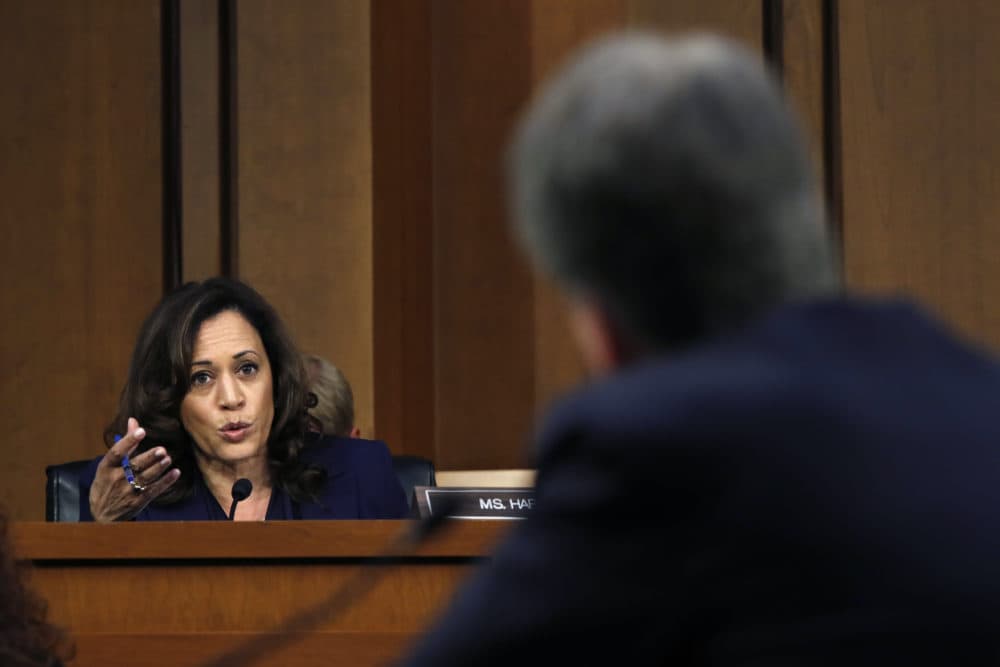 Sen. Kamala Harris, D-Calif., left, questions President Donald Trump's Supreme Court nominee, Brett Kavanaugh, in the evening of the second day of his Senate Judiciary Committee confirmation hearing, Wednesday, Sept. 5, 2018, on Capitol Hill in Washington. (Jacquelyn Martin/AP)