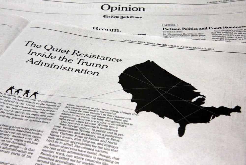This photo shows an anonymous opinion piece in The New York Times in New York, Thursday, Sept. 6, 2018. President Donald Trump lashed out against the anonymous senior official who wrote it, claiming to be part of a &quot;resistance&quot; working &quot;from within&quot; to thwart the commander-in-chief's most dangerous impulses. (Richard Drew/AP)