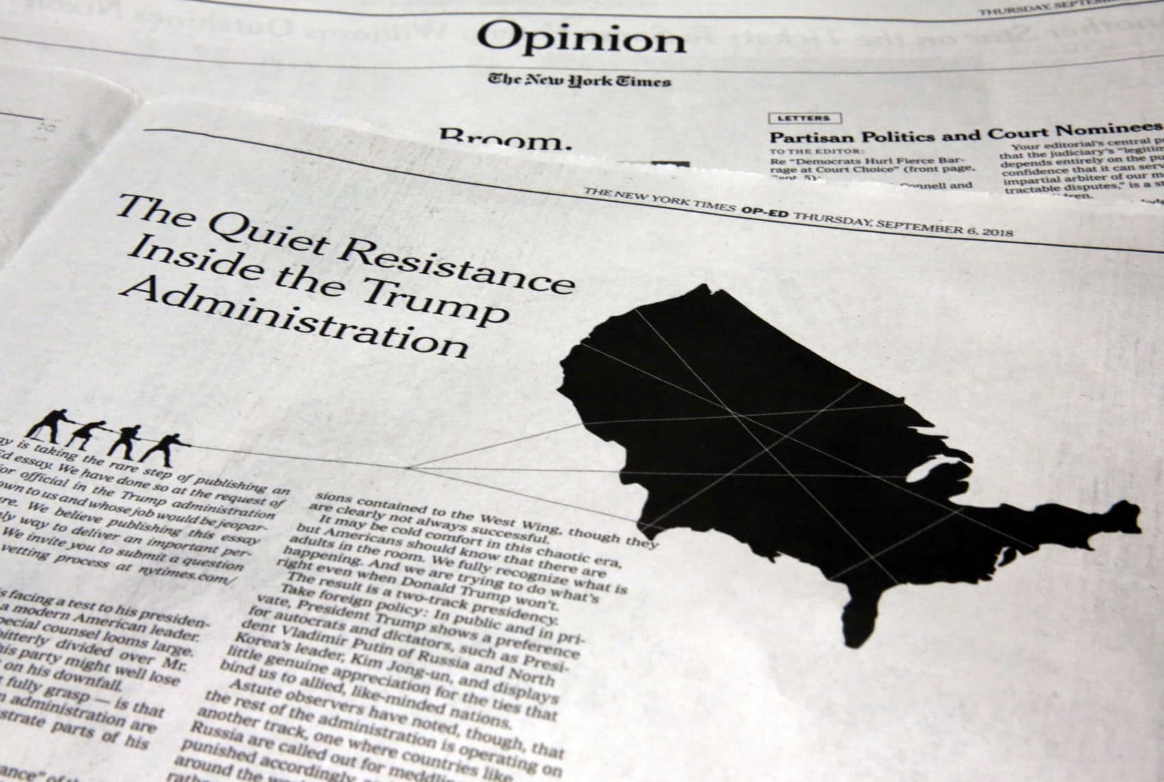 This photo shows an anonymous opinion piece in The New York Times in New York, Thursday, Sept. 6, 2018. President Donald Trump lashed out against the anonymous senior official who wrote it, claiming to be part of a "resistance" working "from within" to thwart the commander-in-chief's most dangerous impulses. (Richard Drew/AP)