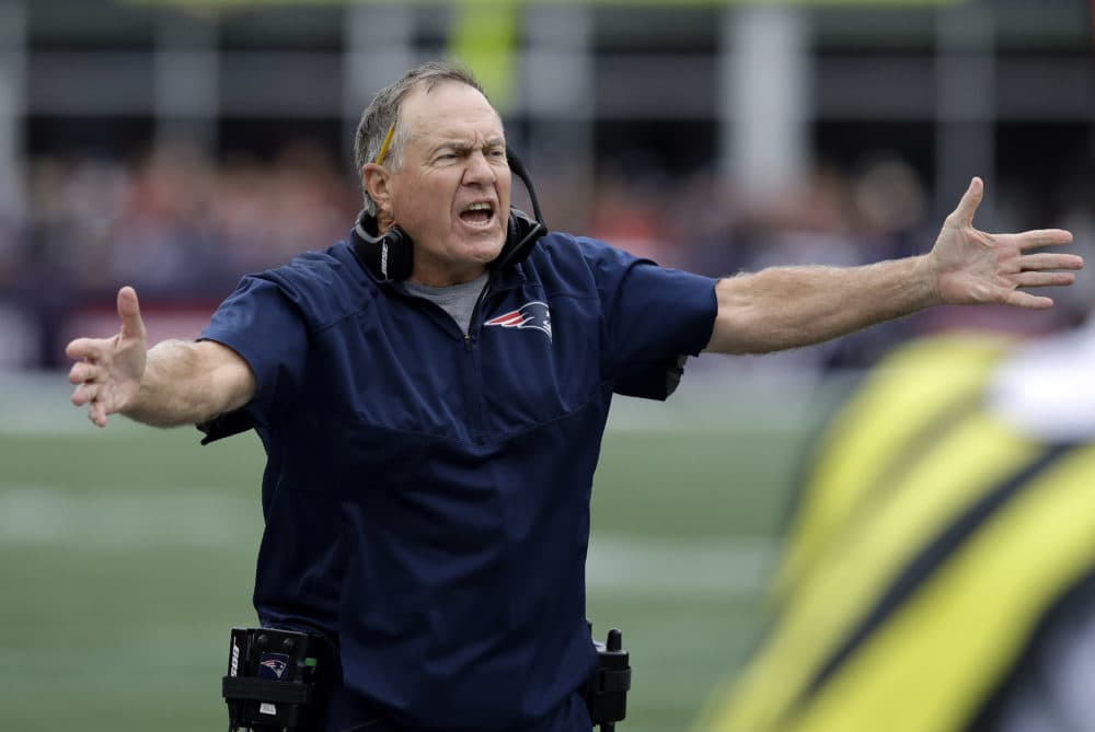 New England Patriots head coach Bill Belichick appeals to officials during the second half of an NFL football game against the Houston Texans, Sunday, Sept. 9, 2018, in Foxborough, Mass. (Charles Krupa/AP)
