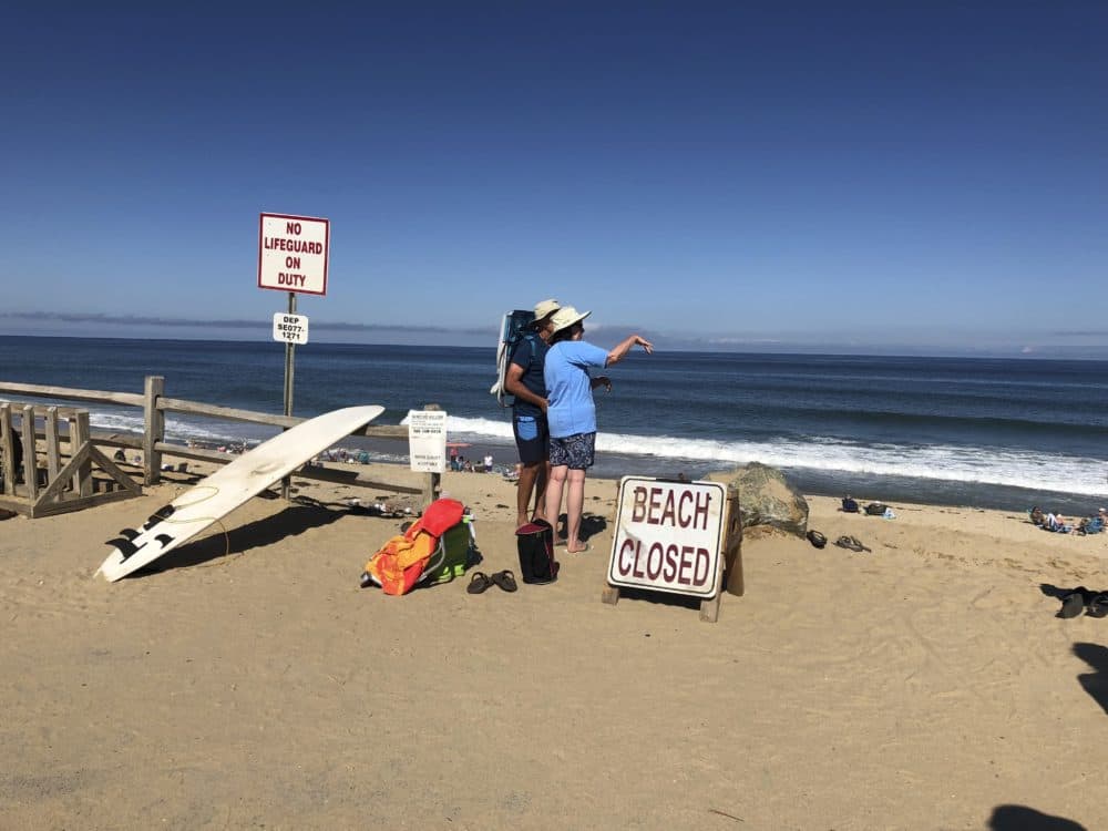 Two people look out at the shore after a reported shark attack at Newcomb Hollow Beach in Wellfleet, Mass, on Saturday, Sept. 15, 2018. A man boogie boarding off the Cape Cod beach was attacked by a shark on Saturday and died later at a hospital, becoming the state’s first shark attack fatality in more than 80 years. (Susan Haigh/AP)