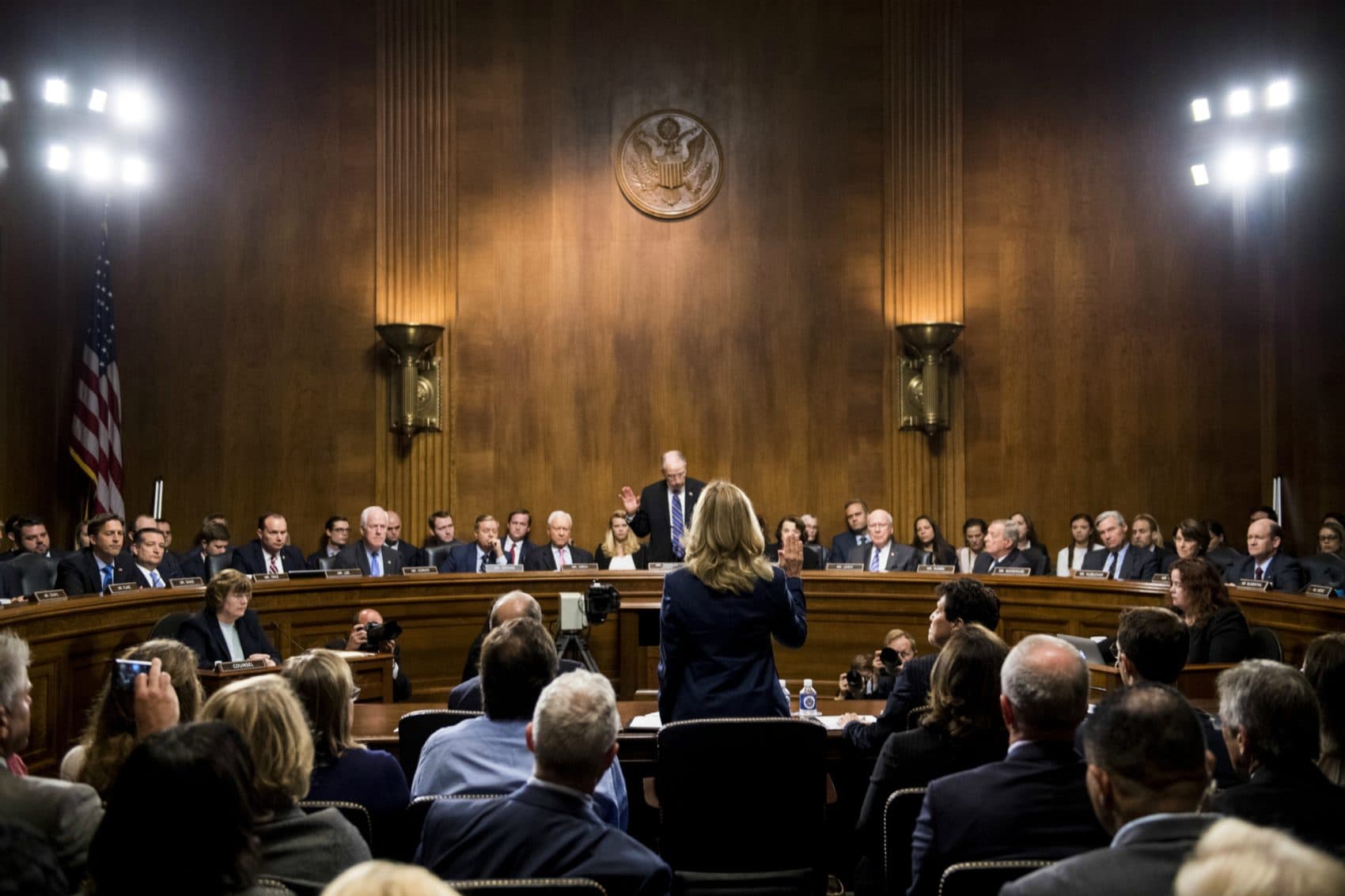 Dr. Christine Blasey Ford is sworn in by chairman Chuck Grassley, R-Iowa, on Thursday, Sept. 27, 2018, during the Senate Judiciary Committee hearing on the nomination of Brett M. Kavanaugh to be an associate justice of the Supreme Court of the United States, focusing on allegations of sexual assault by Kavanaugh against Christine Blasey Ford in the early 1980s. (Tom Williams/CQ Roll Call/POOL)