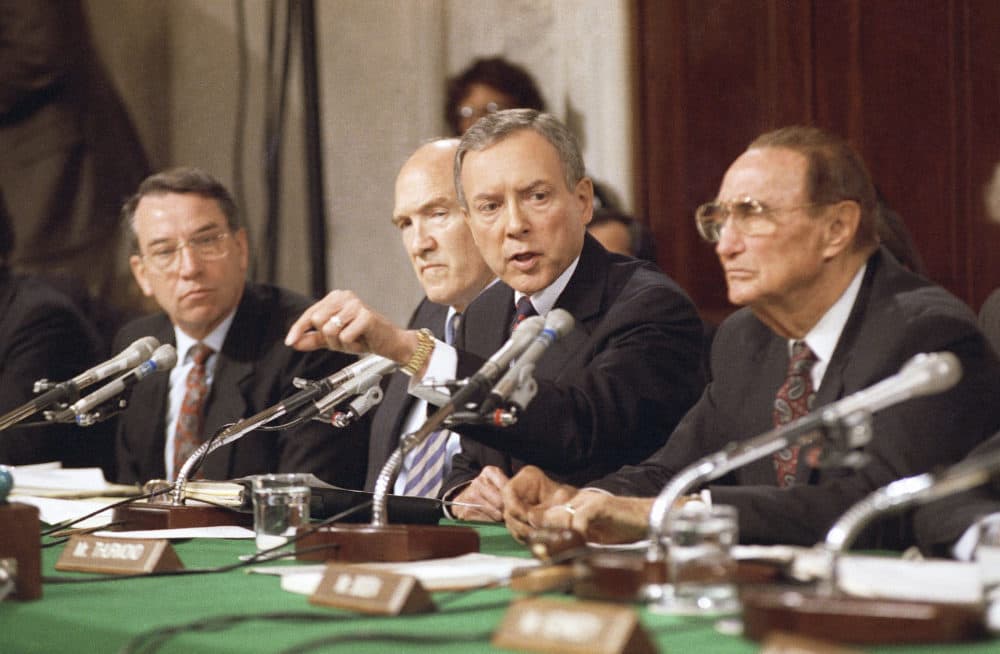 Sen. Orrin Hatch, R-Utah, questions professor Anita Hill on Friday, Oct. 11, 1991 in Washington during a Senate Judiciary Committee hearing on the nomination of Clarence Thomas to the Supreme Court. (John Duricka/AP)