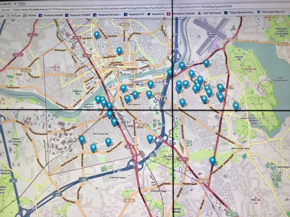 A closer-up look at a map tweeted out by Mass. State Police, inadvertently revealing bookmarks on the browser.