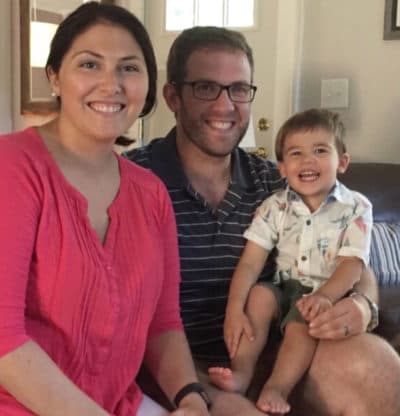 Katherine and Andrew Martucci, of Westwood, and their son, Benjamin, whose DNA was analyzed by researchers right after he was born (Courtesy)