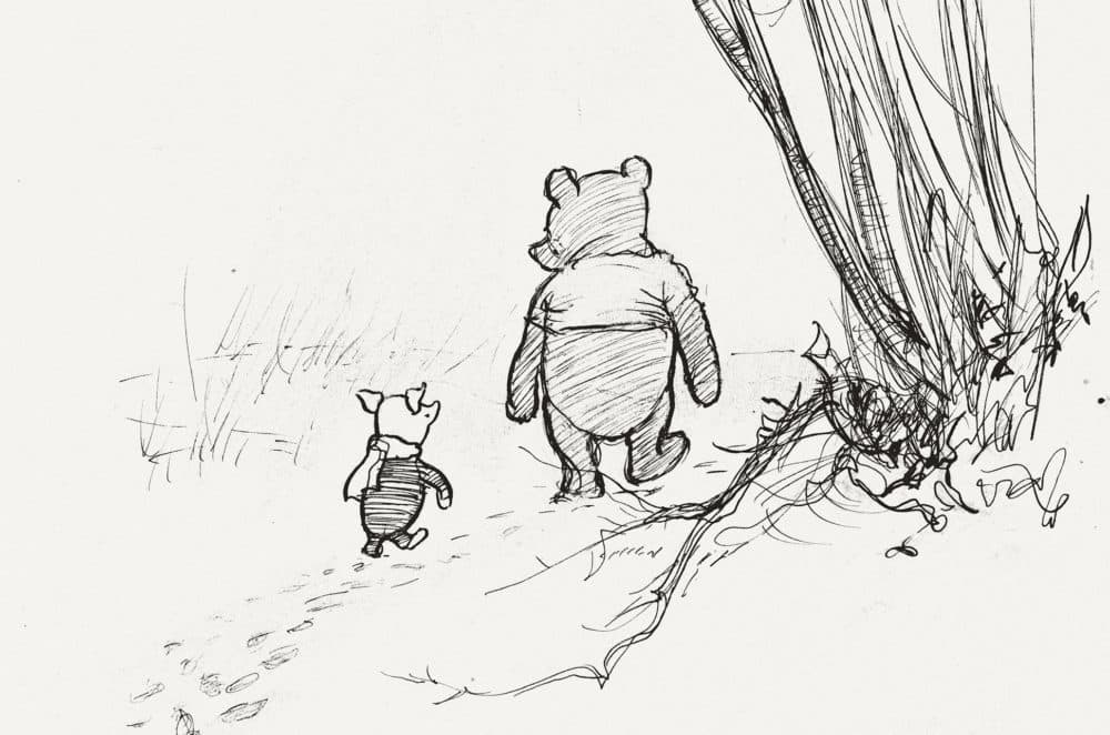 E.H. Shepard's sketch of Pooh and Piglet going hunting, created in 1928. (Courtesy The Shepard Trust, Victoria and Albert Museum, London, Museum of Fine Arts, Boston)