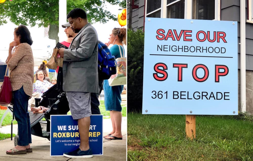 Signs for and against the proposed new Roxbury Prep school (Max Larkin/WBUR)