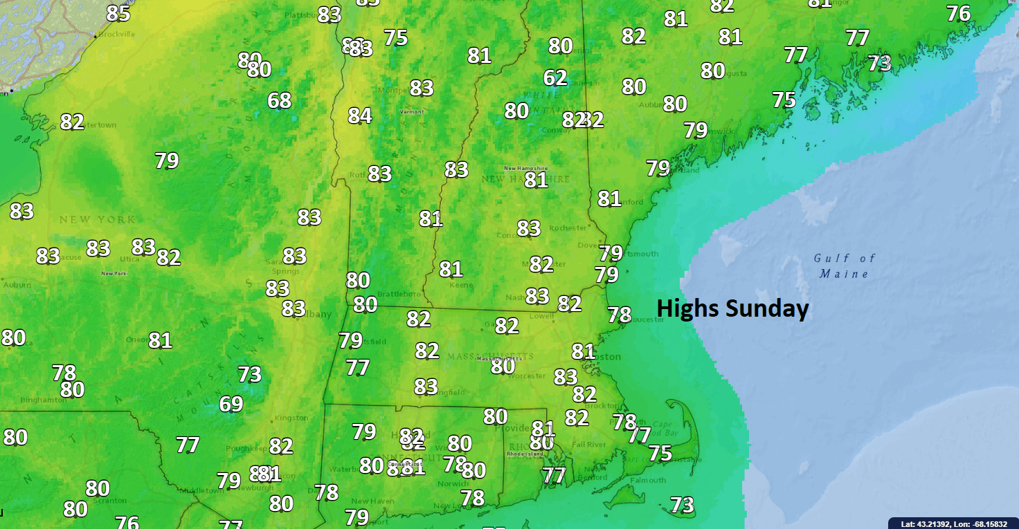 Highs Sunday reach the lower 80s in many spots making for a great September beach day. (Dave Epstein/WBUR)