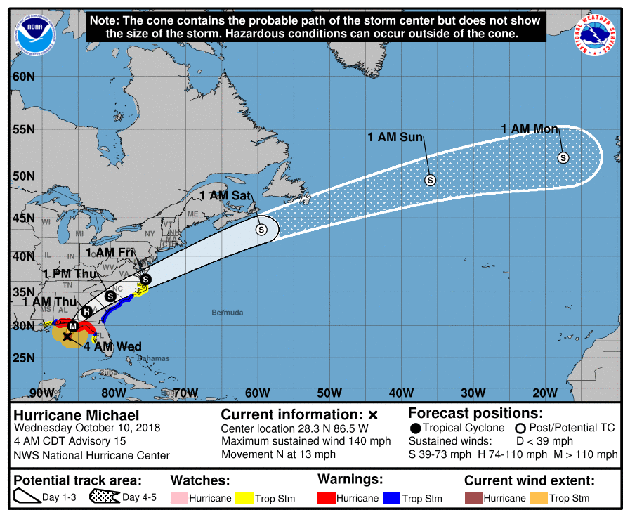 Category 4 Hurricane Michael will slam into the Florida Panhandle today. (Courtesy NHC)