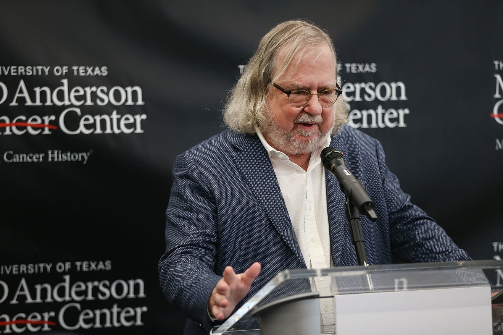 James Allison of the University of Texas Austin speaks at a news conference after learning that he has received the Nobel Prize in medicine with fellow researcher Tasuku Honjo of Kyoto University on Oct. 1, 2018 in New York City. (Spencer Platt/Getty Images)