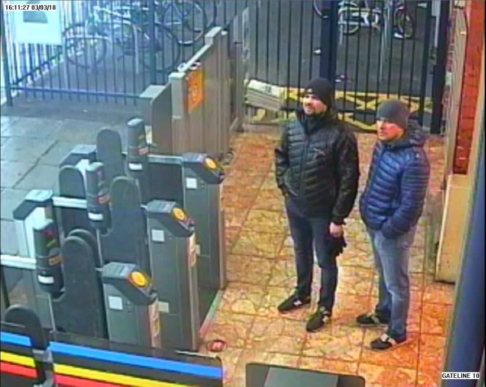 In this handout photo released on Sept. 5, 2018, by the Metropolitan Police, Salisbury Novichok poisoning suspects Alexander Petrov and Ruslan Boshirov are shown on CCTV at Salisbury train station March 3, 2018, in London. (Metropolitan Police via Getty Images)