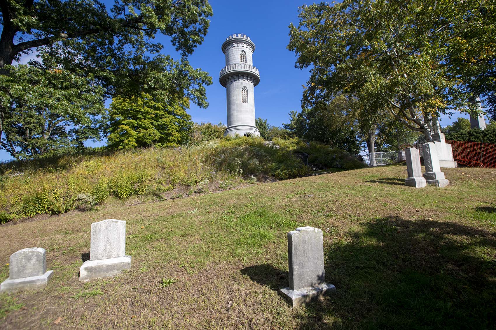 The Washington Tower atop Mount Auburn in Mount Auburn Cemetery. (Jesse Costa/WBUR)