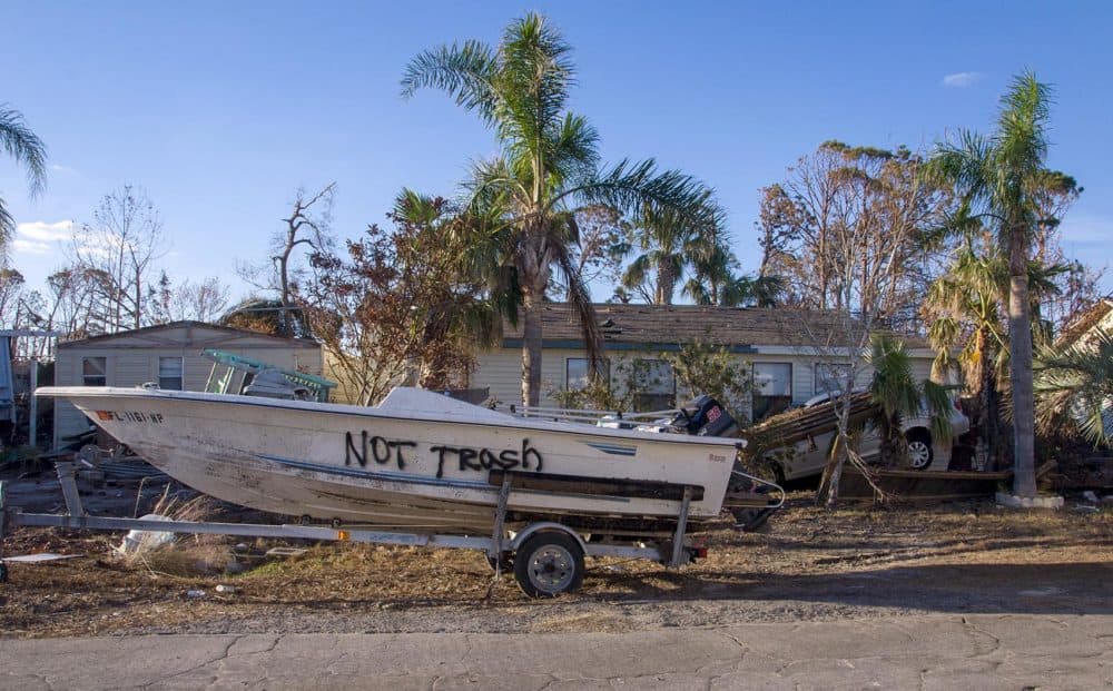 Cars and boats were stranded in St. Joe Beach, Fla., after Hurricane Michael. (Chris Bentley/Here &amp;amp; Now)