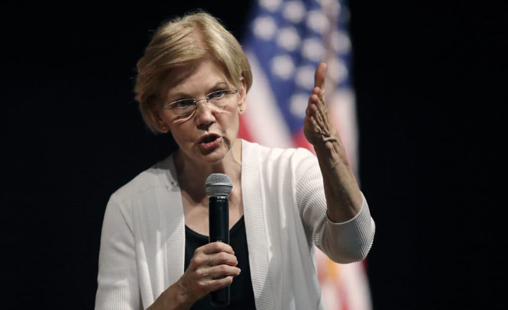 U.S. Sen. Elizabeth Warren, D-Mass., gestures during a town hall style gathering in Woburn, Mass. in August. (Charles Krupa/AP)