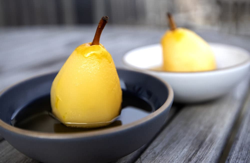 Poached pears with white wine-ginger syrup. (Jesse Costa/WBUR)