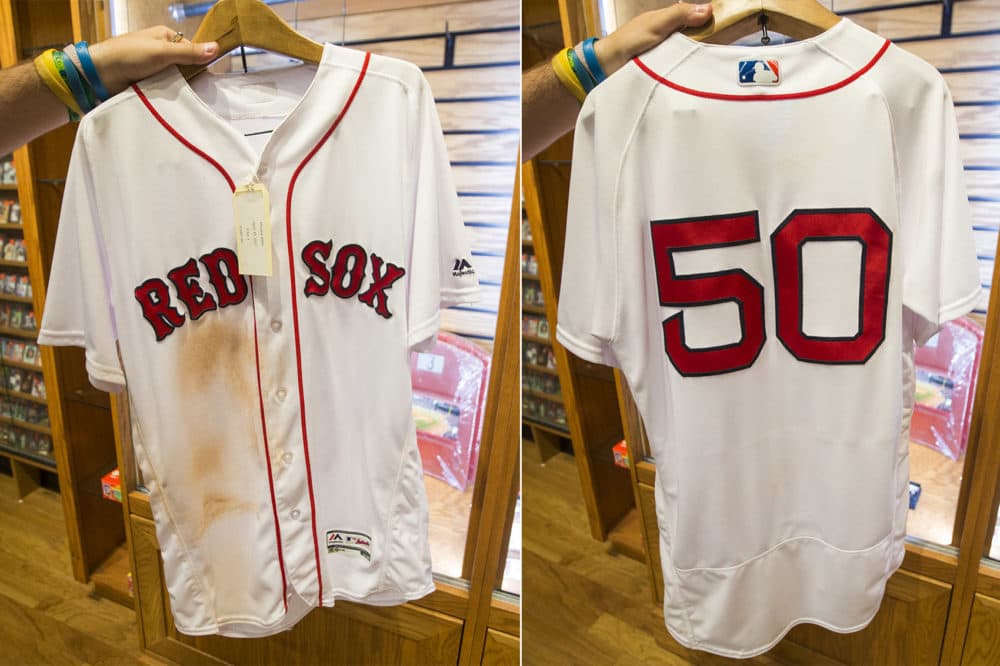 A Mookie Betts game-worn jersey from April 30, 2017, is for sale at the Official Red Sox Team Store. (Jesse Costa/WBUR)