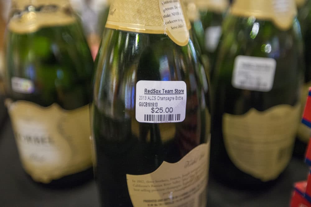 Empty champagne bottles from the Red Sox's 2013 ALCS victory celebration in the locker room (Jesse Costa/WBUR)