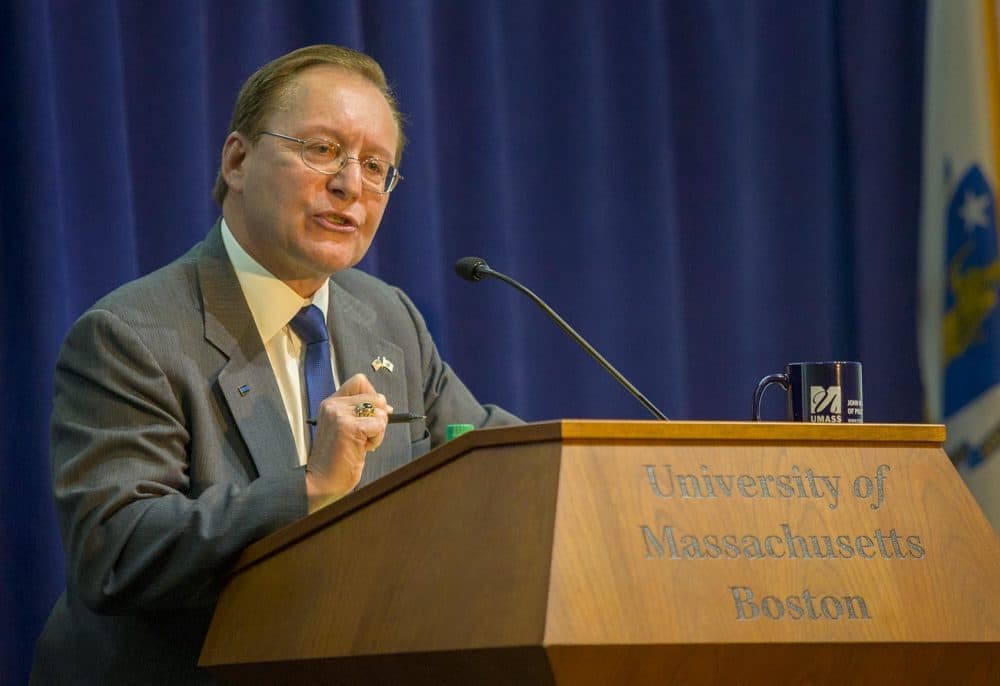 Jay McMahon at the attorney general debate at UMass Boston. (Robin Lubbock/WBUR)