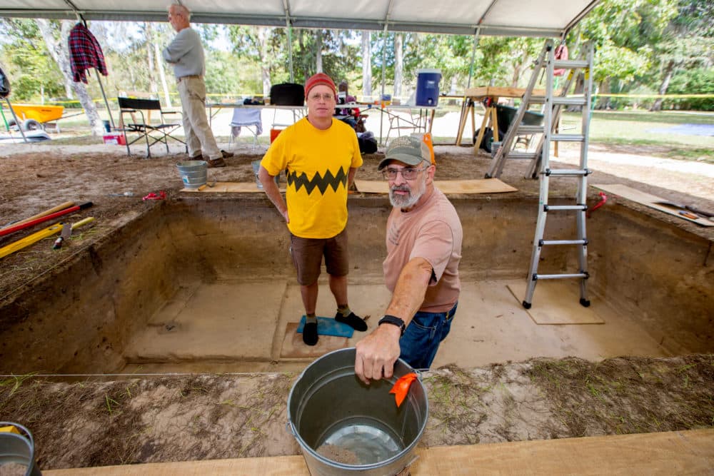 Andy Hemmings, left, and Tom Harmon, with the Aucilla Research Institute, during an excavation at Wakulla Springs State Park south of Tallahassee, Fla. (Mark Wallheiser for Here & Now)