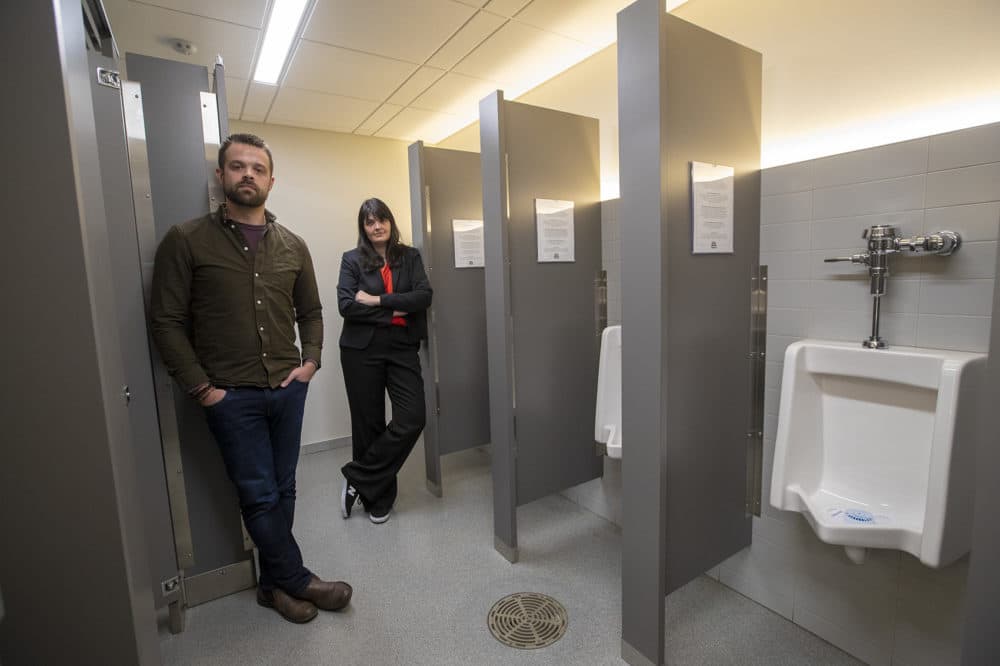 The American Repertory Theater has opened traditional men's and women's rooms for use by all. The theater also has single-user bathrooms for patrons who want another option. (Jesse Costa/WBUR)