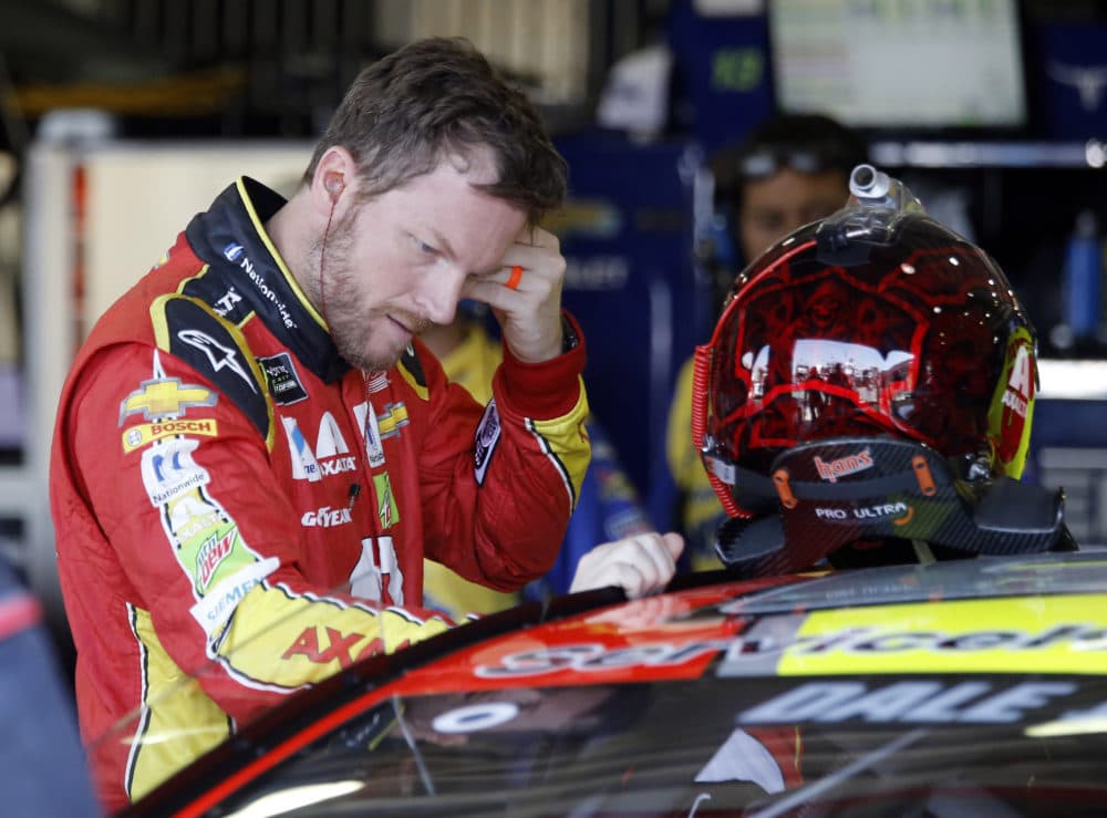 Dale Earnhardt Jr., gets ready to go out for the opening practice session for the NASCAR auto race at Auto Club Speedway in Fontana, Calif., Friday, March 24, 2017. (Alex Gallardo/AP)
