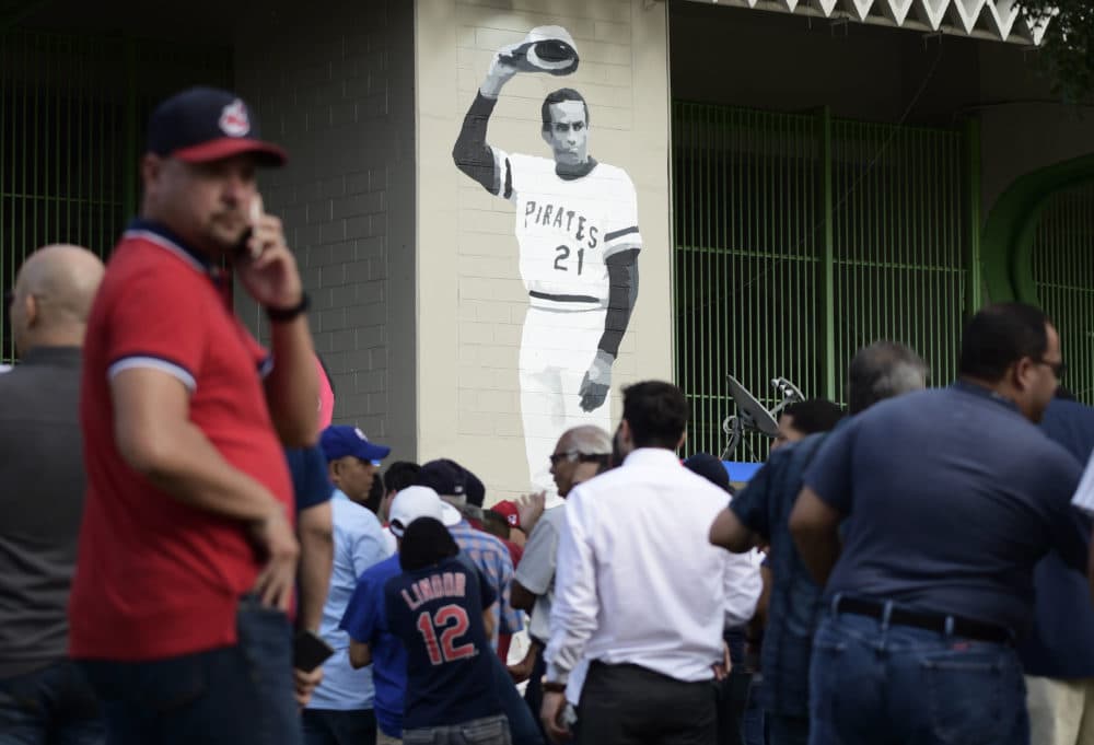 A mural of Roberto Clemente decorates Hiram Bithorn Stadium in San Juan, Puerto Rico. (Carlos Giusti/AP)