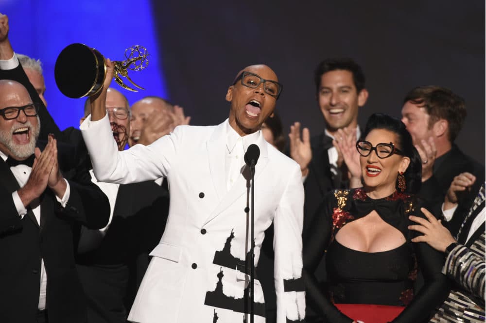 RuPaul Charles, front center, and the team from &quot;RuPaul's Drag Race&quot; accept the award for outstanding reality/competition program at the 70th Primetime Emmy Awards on Monday, Sept. 17, 2018, at the Microsoft Theater in Los Angeles. (Photo by Phil McCarten/Invision for the Television Academy/AP Images)