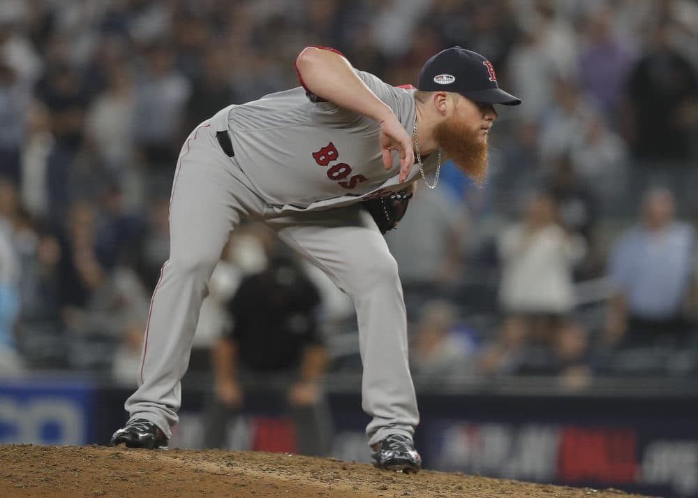 Red Sox closer Craig Kimbrel prepares to pitch against the Yankees during the ninth inning of Game 4 of the ALDS. (Julie Jacobson/AP)