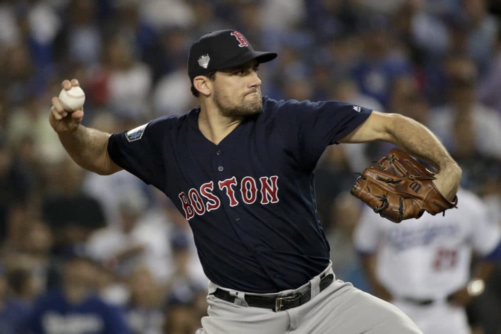 Red Sox pitcher Nathan Eovaldi throws against the Dodgers during the 12th inning in Game 3. (Jae C. Hong/AP)
