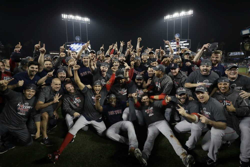 The Boston Red Sox celebrate after Game 5 of baseball's World Series against the Los Angeles Dodgers on Sunday, Oct. 28, 2018, in Los Angeles. The Red Sox won 5-1 to win the series 4 game to 1. (David J. Phillip/AP)
