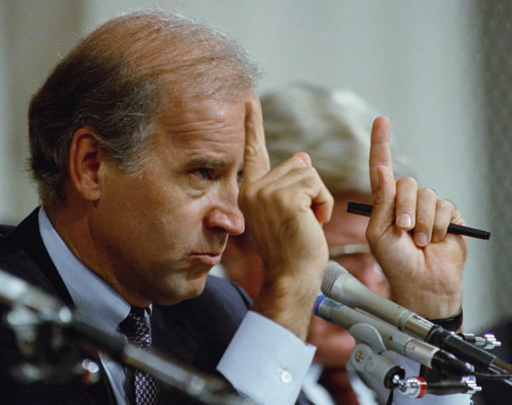 Senate Committee Chairman Joseph Biden, D-Del., gestures during hearings before the committee on allegations of sexual harassment by Supreme Court nominee Clarence Thomas on Capitol Hill in Washington, Oct. 12, 1991. Thomas issued fresh denials that he ever sexually harassed former aide Anita Hill. (Greg Gibson/AP)