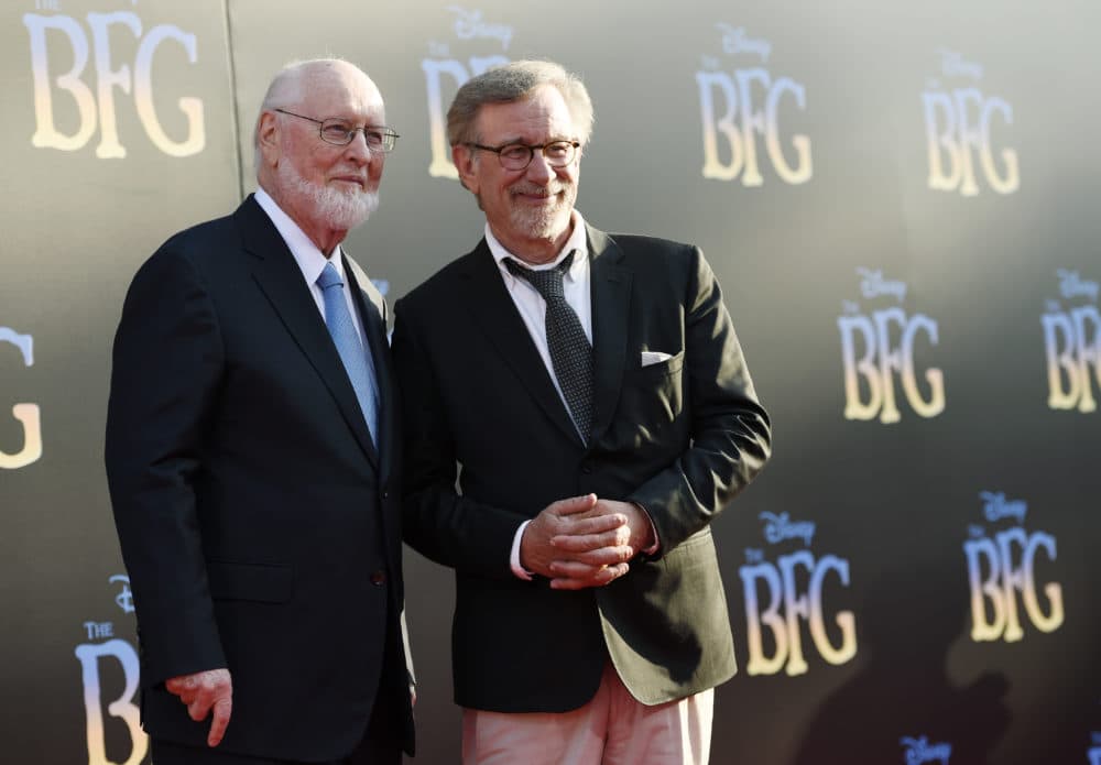 Steven Spielberg, left, director/co-producer of &quot;The BFG,&quot; poses with the film's composer John Williams at the premiere of the film at the El Capitan Theatre on Tuesday, June 21, 2016, in Los Angeles. (Photo by Chris Pizzello/Invision/AP)