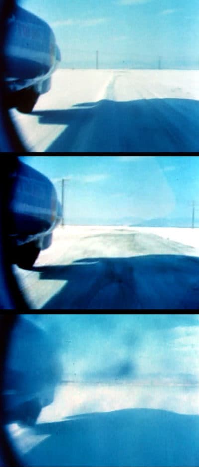 Footage from Spirit of America’s on-board camera as Breedlove thundered off the end of the course at Bonneville in 1964. (Courtesy Goodyear Tire and Rubber)