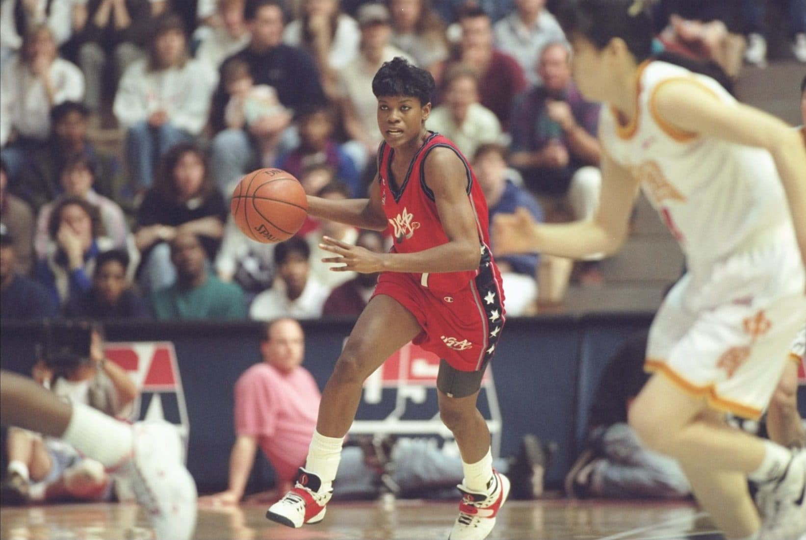 Sheryl Swoopes wearing her signature shoe in a 1996 Team USA exhibition game. (Doug Pensinger /Allsport)