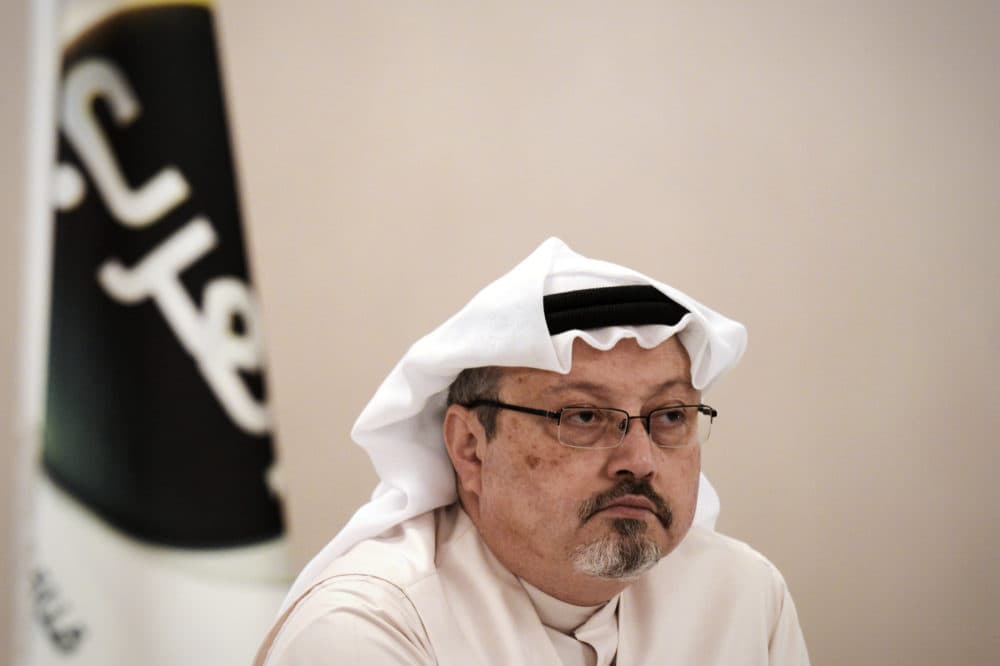 Jamal Khashoggi, looks on during a press conference in the Bahraini capital Manama, on December 15, 2014. AFP PHOTO/ MOHAMMED AL-SHAIKH (Photo by MOHAMMED AL-SHAIKH / AFP) (Photo credit should read MOHAMMED AL-SHAIKH/AFP/Getty Images)