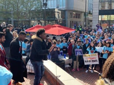 Protesters gather in Harvard Square in Cambridge on Sunday, Oct. 14, 2018. (Simón Rios)