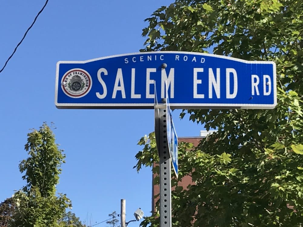 The road leading to the woods in Ashland is aptly titled &quot;Salem End Road.&quot; (Deborah Becker/WBUR)