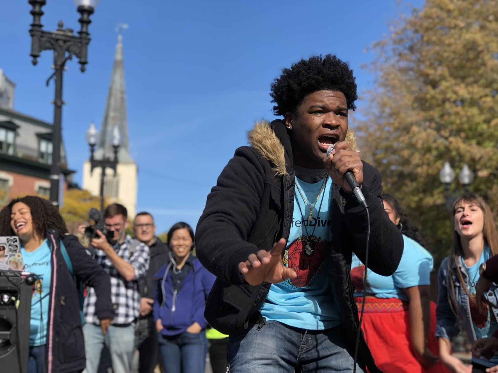 A #DefendDiversity rally in Harvard Square on Oct. 14 (Max Larkin/WBUR)