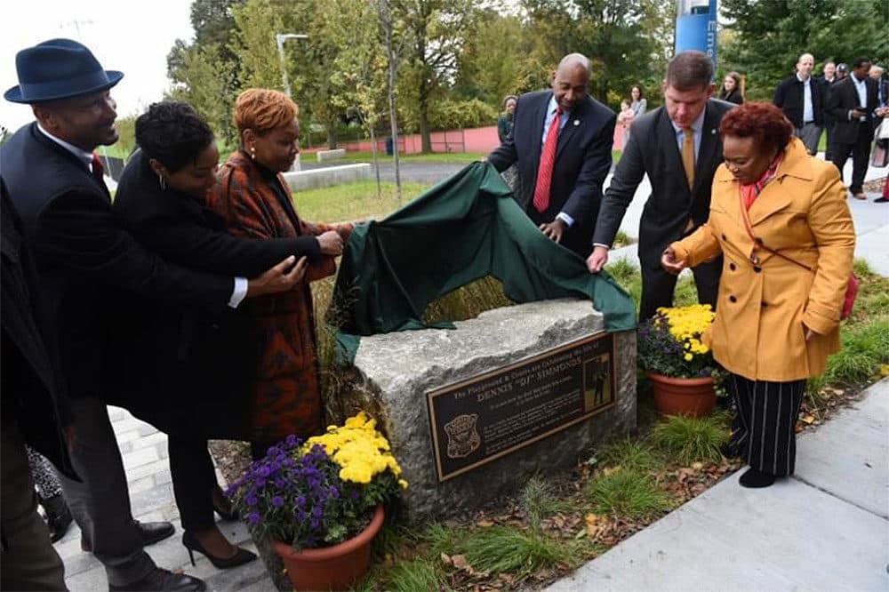 Boston officials unveil the Dennis "DJ" Simmonds playground. (Courtesy of the city of Boston)