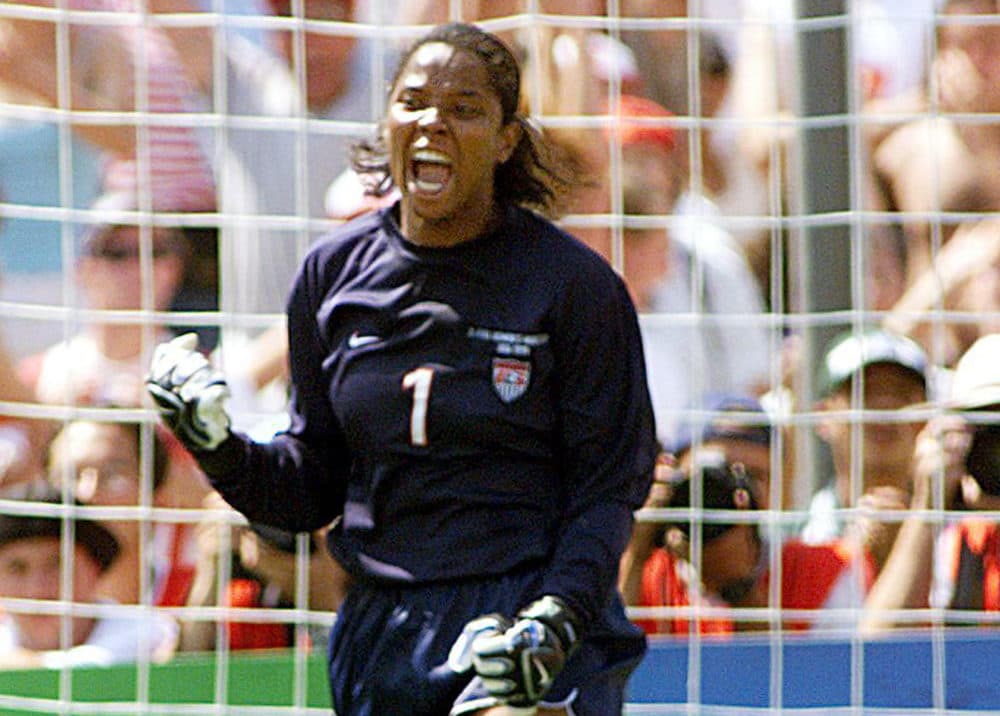 After blocking a penalty shot by Chinese player Liu Ying during the 1999 Women's World Cup final, Briana Scurry roared. (TIMOTHY A. CLARY/AFP/Getty Images)