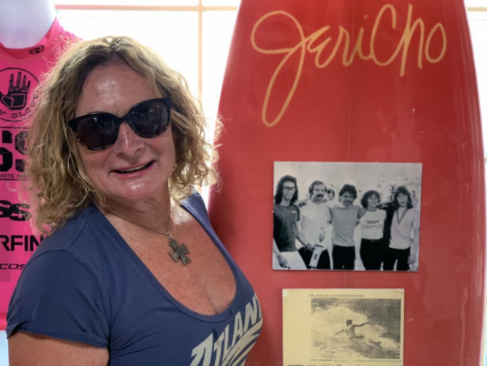 Jericho Poppler has been competing in surf championships since the 1960s. But back then, she says, men would often bully women off the waves. (Chris Bentley/Here & Now)