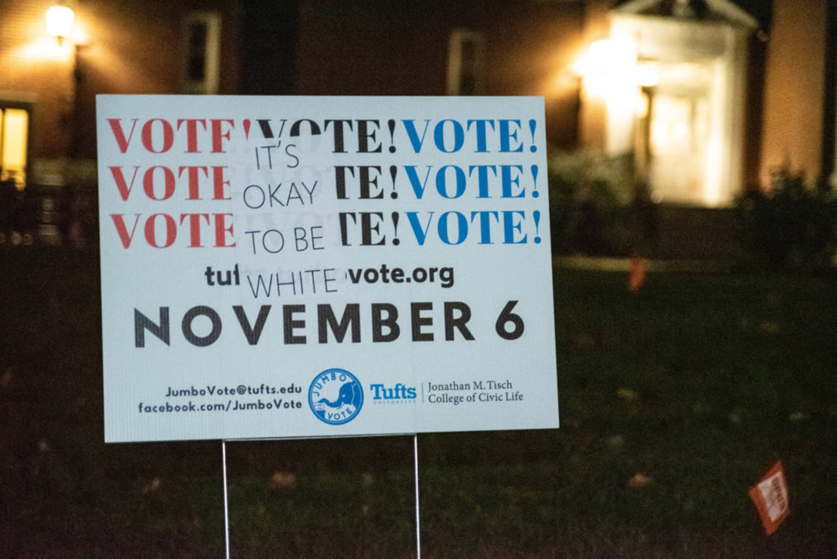 Campus police are investigating "It's okay to be white" signs found at Tufts University on Thursday. (Courtesy Seohyun Shim/The Tufts Daily)
