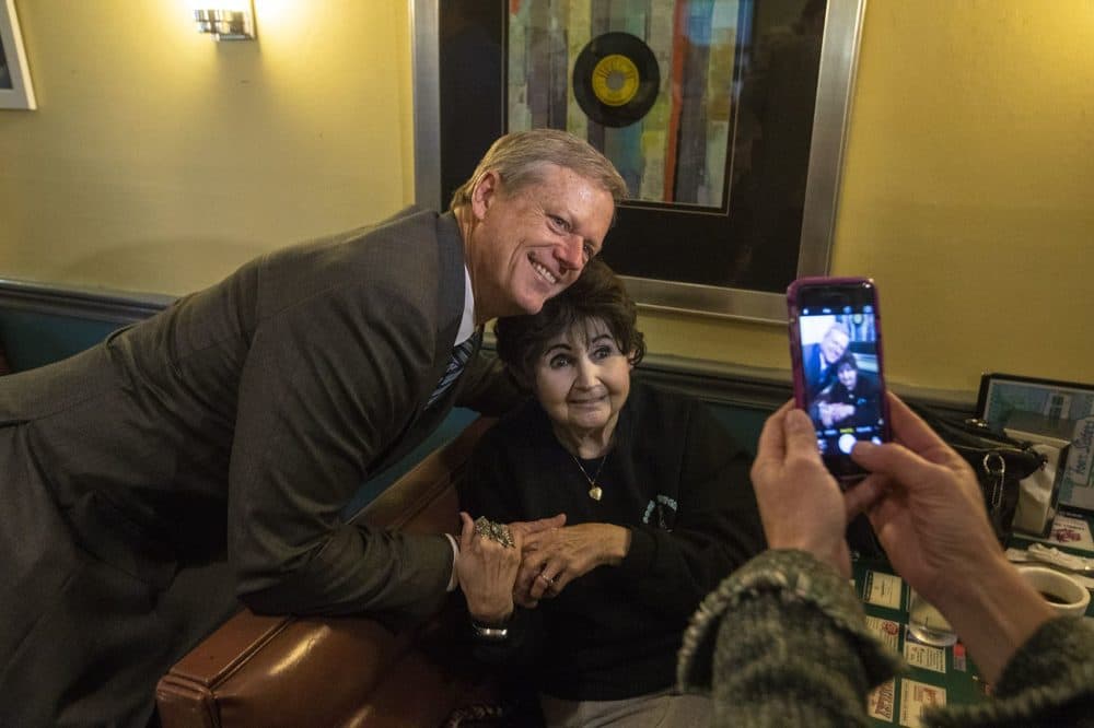Baker greets patrons at the Four Sisters Owl Diner. (Jesse Costa/WBUR)