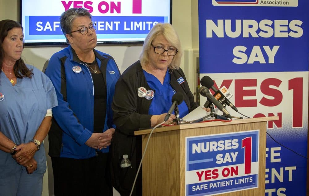 Donna Kelly-Williams of the Massachusetts Nurses Association makes a statement on Election Night, conceding ballot Question 1 on patient-to-nurse ratios. (Robin Lubbock/WBUR)