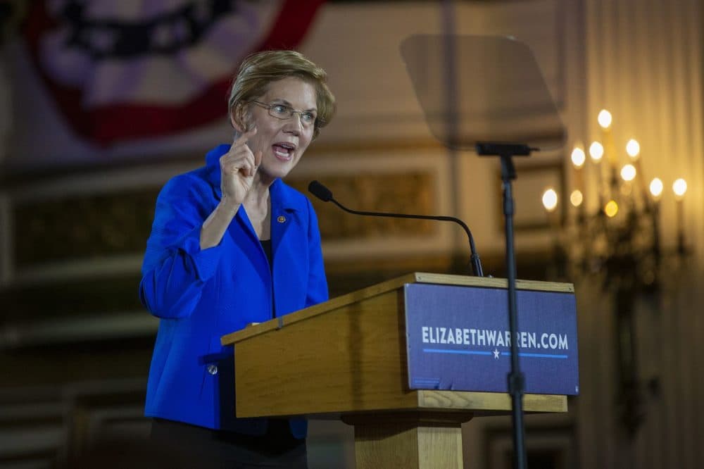 Elizabeth Warren speaking to supporters after she handily won a second term to the U. S. Senate. (Jesse Costa/WBUR)