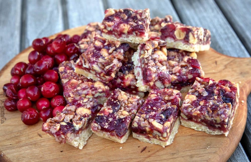 Hazelnut cranberry turtle bars with sea salt, from chef Kathy Gunst. (Robin Lubbock/WBUR)