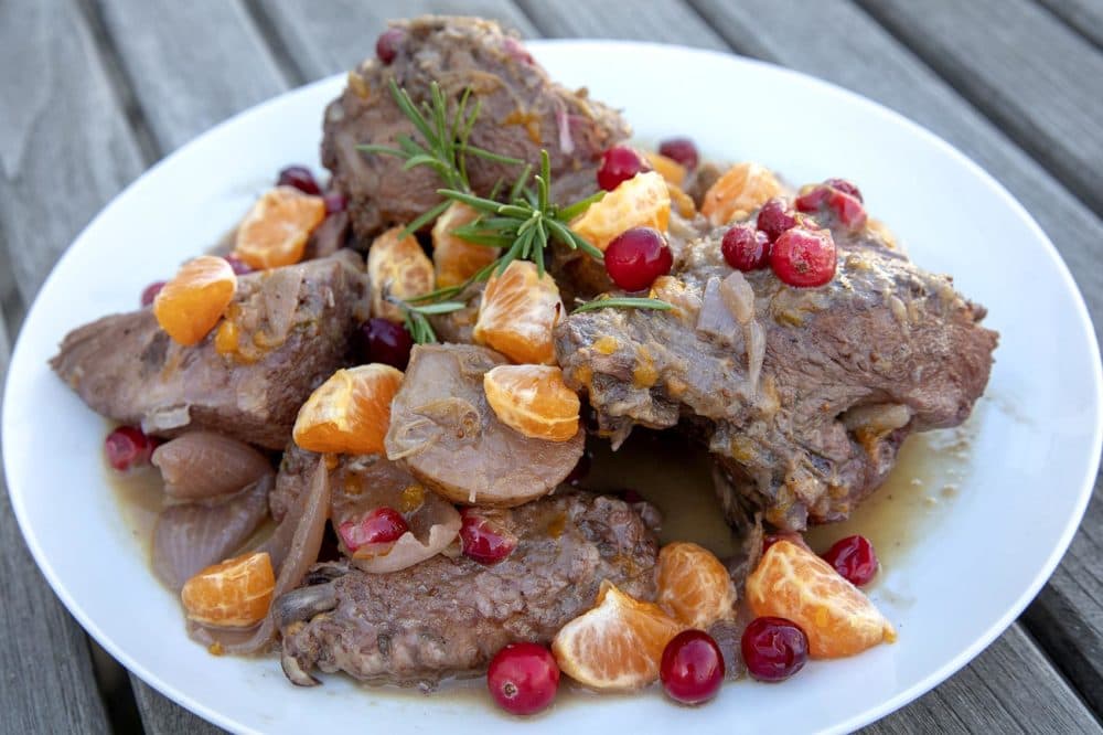 Pan saute of chicken, cranberries, tangerines and potatoes, from chef Kathy Gunst. (Robin Lubbock/WBUR)