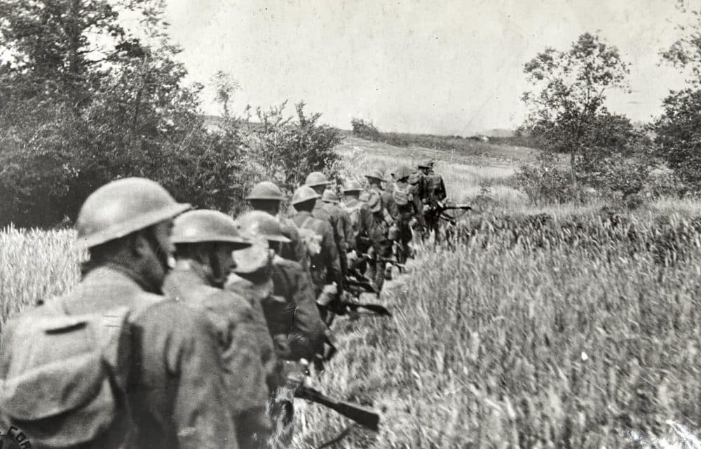 Infantry advancing towards Bouresches Woods. Torcy, France, July 17, 1918. (Massachusetts National Guard Archives)
