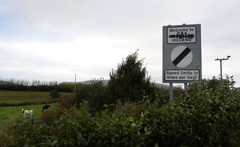 A defaced &quot;Welcome to Northern Ireland&quot; sign, spray-painted to read &quot;Welcome to One Ireland,&quot; is situated on the Irish and U.K. border in Newry, Northern Ireland, on Oct. 9, 2018. (Charles McQuillan/Getty Images)